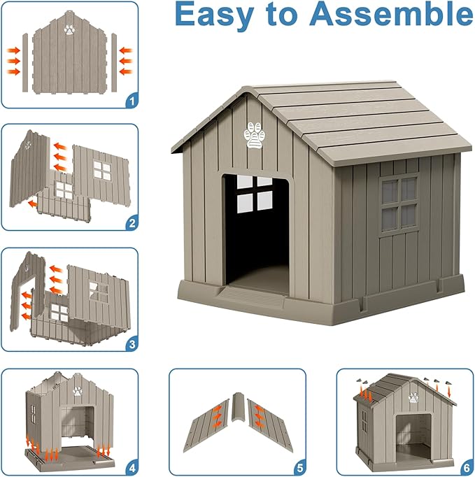 Dog House Indoor Outdoor for Small to Large Sized Dogs Resin Outdoor Dog House with Ventilation Puppy Shelter with Elevated Floor, Easy to Assemble, Blue-PurrikoPets