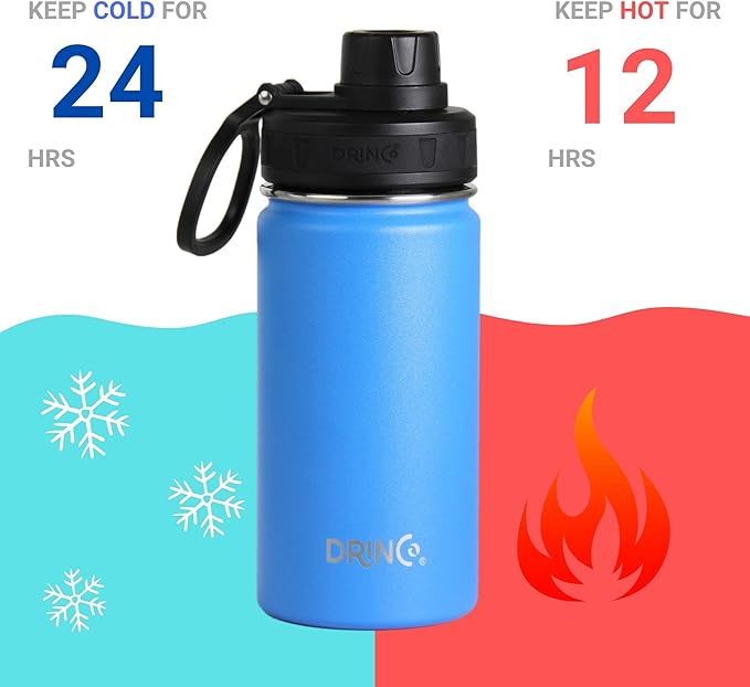 DRINCO Stainless Steel Water Bottle Spout Lid Vacuum Insulated Double Wall Water Bottle Wide Mouth (40oz 32oz 22oz 18oz 14oz) Leak Proof Keeps Cold or Hot (14 oz, 14oz Royal Blue)-PurrikoPets