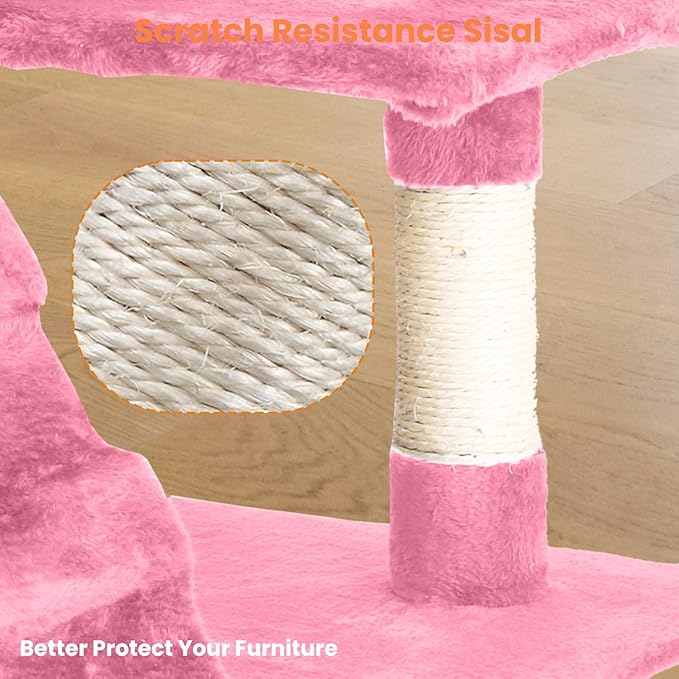54.7 inches Cat Tower for Indoor Cats, Multi-Level Cat Condos with Scratching Posts, Hanging Toys, Pink-PurrikoPets