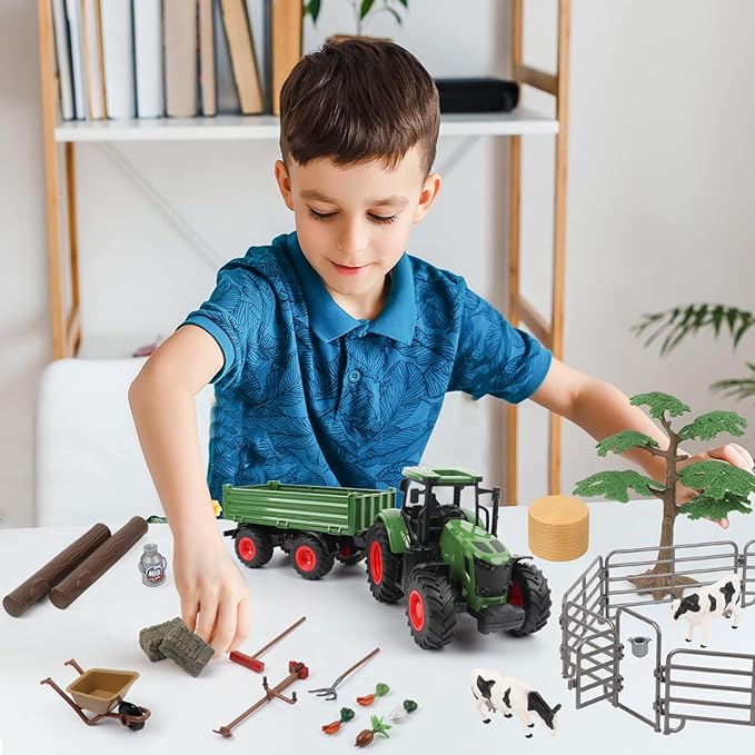 Farm Animal Tractor Toys Playset-16.5 Inches Tractor with Trailer Fence,Farmer,Tree,Cow,Farm Toy Set for Boys Girls Kids Toddlers Age 3-7 Years Old-PurrikoPets
