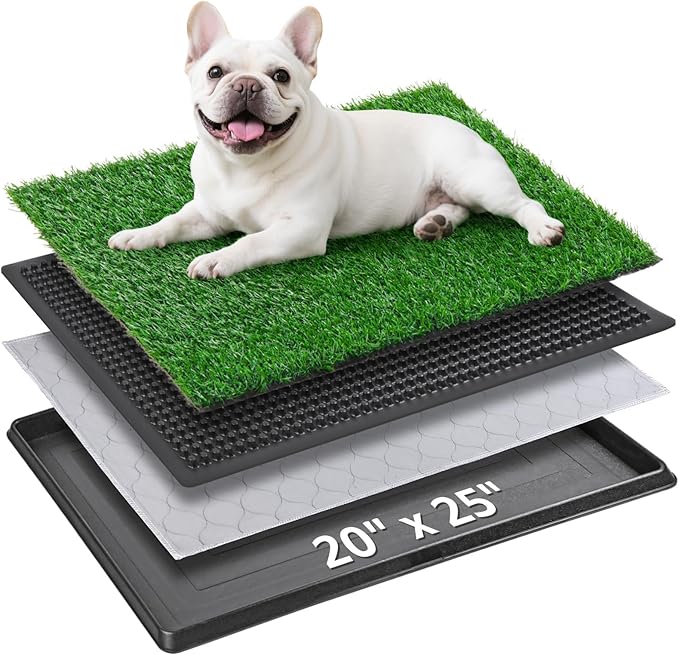 Dog Grass Pet Loo Indoor/Outdoor Portable Potty, Dog Litter Box, Artificial Grass Patch Bathroom Mat and Washable Pee Pad for Puppy Training, Full System with Trays (Pet Training Tray, 20"x25")-PurrikoPets