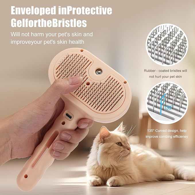 3-in-1 Pet Steam Brush, Grooming Comb with Water Tank for Cats and Dogs, Long and Short Hair (Pink)-PurrikoPets