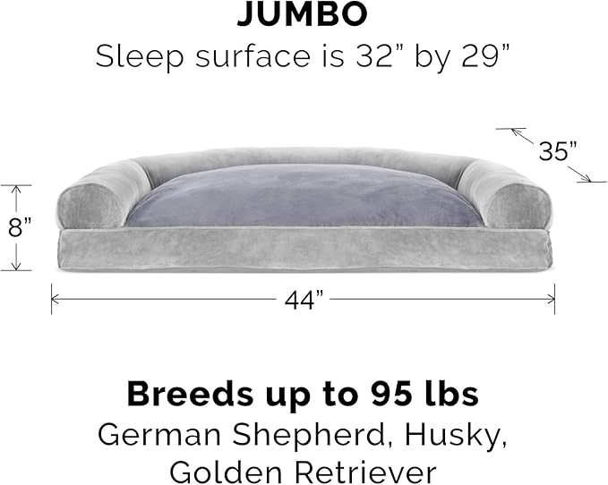 Furhaven Pillow Dog Bed for Large Dogs w/ Removable Bolsters & Washable Cover - Faux Fur & Velvet Sofa - Smoke Gray, Jumbo/XL-PurrikoPets
