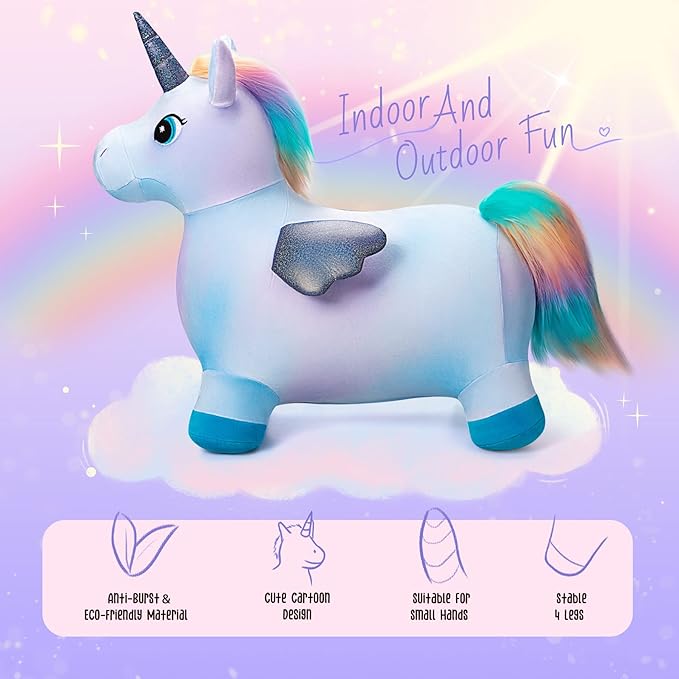 EVERICH TOY Unicorn Bouncy Horses Inflatable Plush Hopping Toy Bouncing Hopper Animals for Toddlers,Outdoor&Indoor Bouncy Animals for Toddlers,Gift for 18 Months 2 3 4 Year Old (W/Pump)-PurrikoPets