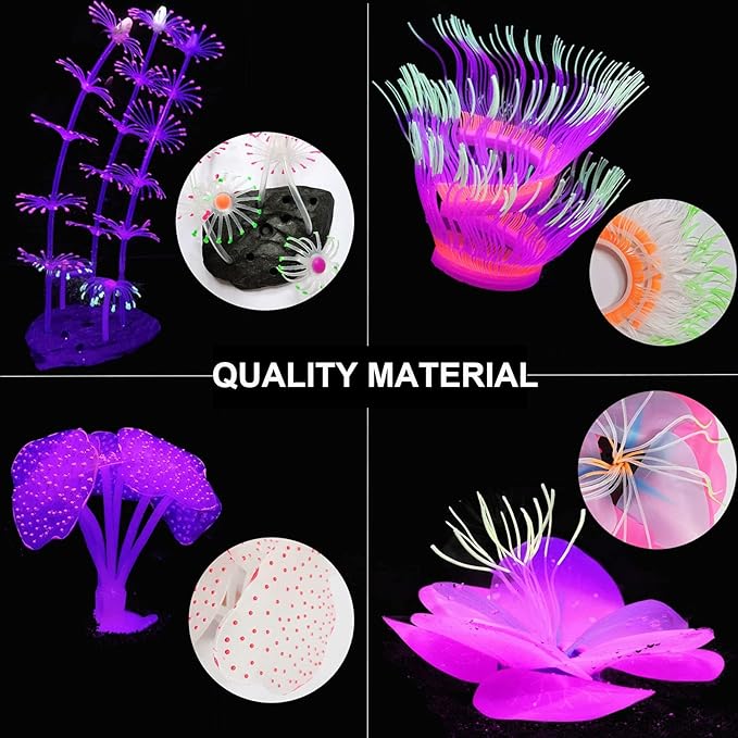 4 Pack Silicone Glowing Fish Tank Decorations Plants,Aquarium Fish Tank Glow Ornaments,Artificial Sea Anemone Coral Decor with Glowing Effect for Glow Fish Aquarium-PurrikoPets