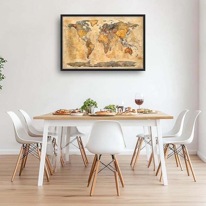 Extra Large World Map Framed Wall Art for Living Room,Oversized Vintage Map of The World Pictures Wall Decor,Canvas Print Painting Modern Artwork Bedroom Office Bathroom 36L" x 24W"-PurrikoPets