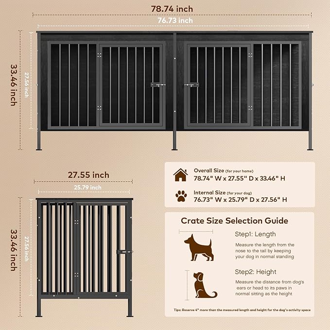 78 Inch Dog Cage Furniture for 2 Large/Medium Dogs with Removable Divider, Extra Large Double Doors Dog Kennel, XXL Thick Wooden Dog cage Furniture, Durable and Sturdy, Dark Grey-PurrikoPets