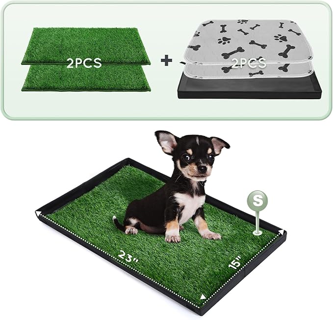 Dog Grass Pad with Foldable Dog Litter Box,Small Liner Base for Balcony，Ultra-Absorbent Artificial Grass Pads for Dogs Pee Pad Holder, Potty Training, 2 PCS Reusable Pee Pads-PurrikoPets