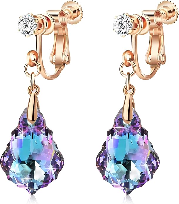 Austrian Crystal Baroque Drop Clip On Dangle Earrings for Women Non Pierced 14K Rose Gold Plated Hypoallergenic Jewelry