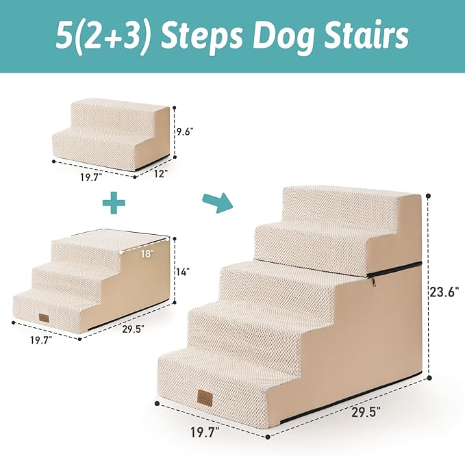 Dog Stairs for Small Dogs, 5 Tier Removable Wider Pet Stairs for Couch and Bed, 23.6" H Non-Slip Dog Steps for Puppies and Old Cats with Support Board, 29.5x19.7x23.6 inch, Beige-PurrikoPets