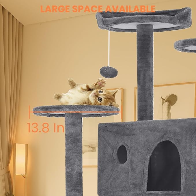 54.7 Inches Cat Tower for Indoor Cats, Multi-Level Cat Condos with Scratching Posts, Hanging Toys, Light Gray-PurrikoPets
