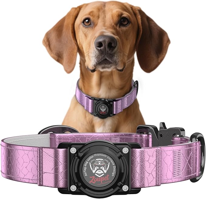 AirTag Dog Collar - Leather Dog Collar with Airtag Holder | IP68 Waterproof AirTag Holder with Metal Buckle, Comfortable GPS Dog Collars Tracker for Medium Large Dogs (Rose Gold, L)-PurrikoPets