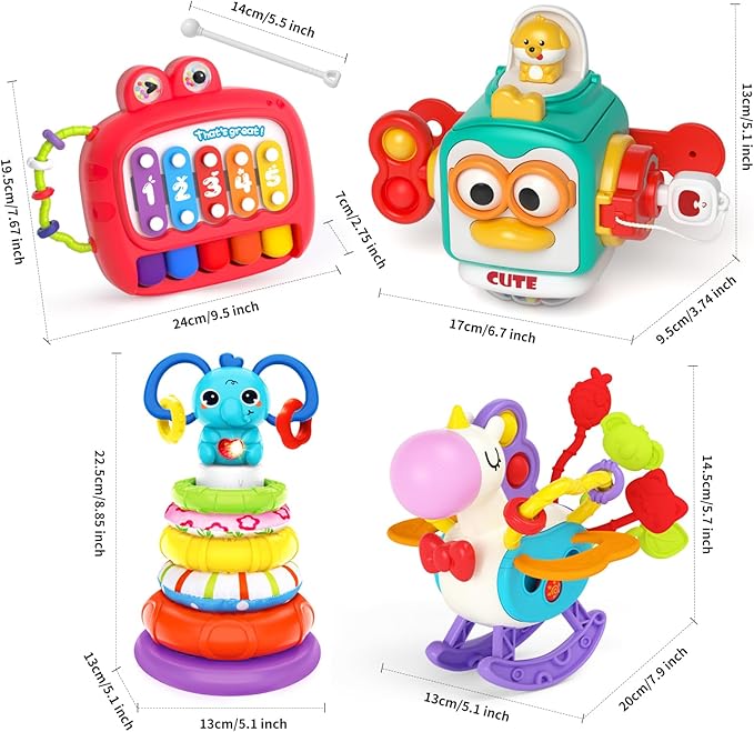 4 in 1 Baby Toy for 6 9 12 18 Month, Learning Toys for Babies 6-12 Months, Baby Busy Cube, Stacking Sorter, Pull String & Piano Xylophone Travel Toy, Birthday Gift for 1 2 Year Old-PurrikoPets