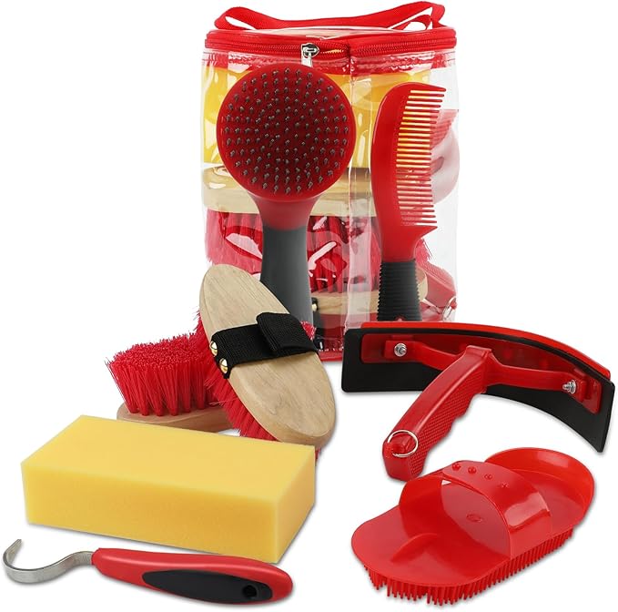 9 Pieces Grooming Kit with Tote Bag - Brush Set, Sweat Scraper, Sponge, Hoof Pick, Curry Comb for Horse Riders and Beginners (Red)-PurrikoPets