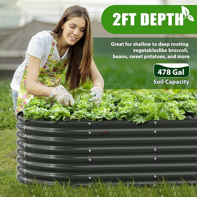 A ANLEOLIFE 8x4x2ft Galvanized Raised Garden Bed Kit, Oval Metal Deep Root Planters for Outdoor Plants Vegetables Flowers Herb, Large Bottomless, 478 Gallon Capacity- Quartz Grey-PurrikoPets