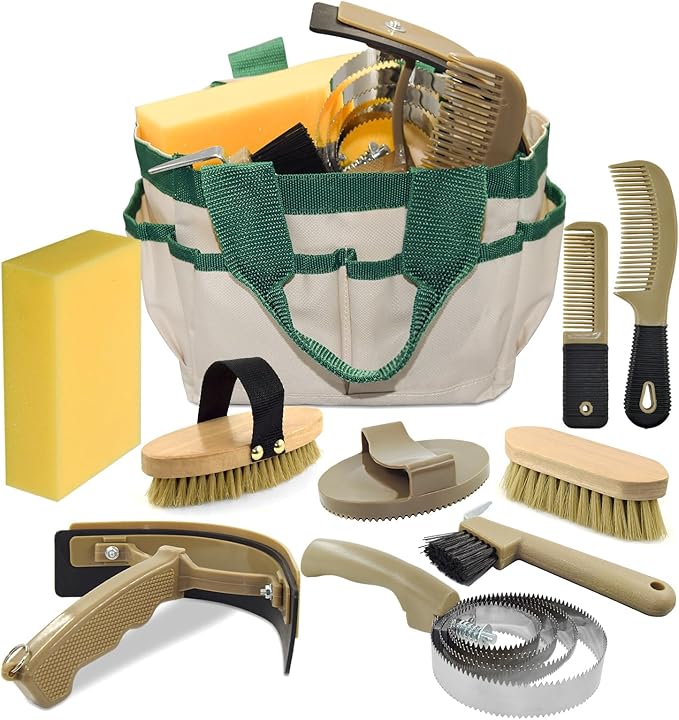9 Pieces Horse Grooming Kit, Tack Room Supplies Set with Tote Bag, Horse Brush Set for Effective Cleaning and Bathing, Professional Equine Coat Care Kit for Horse Riders Beginner-PurrikoPets