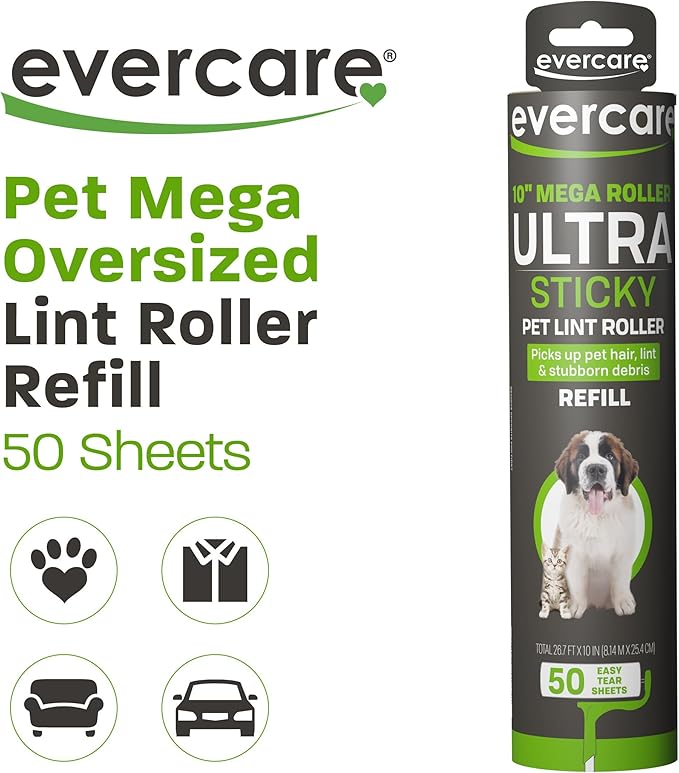 Evercare 10” Mega All-Purpose Pet Hair Lint Roller Refill, 50 Sheets – Sticky Roller for Pet Hair, Cat & Dog Hair Remover, Lint Remover, Pet Hair Remover for Furniture, Clothing & Cars-PurrikoPets