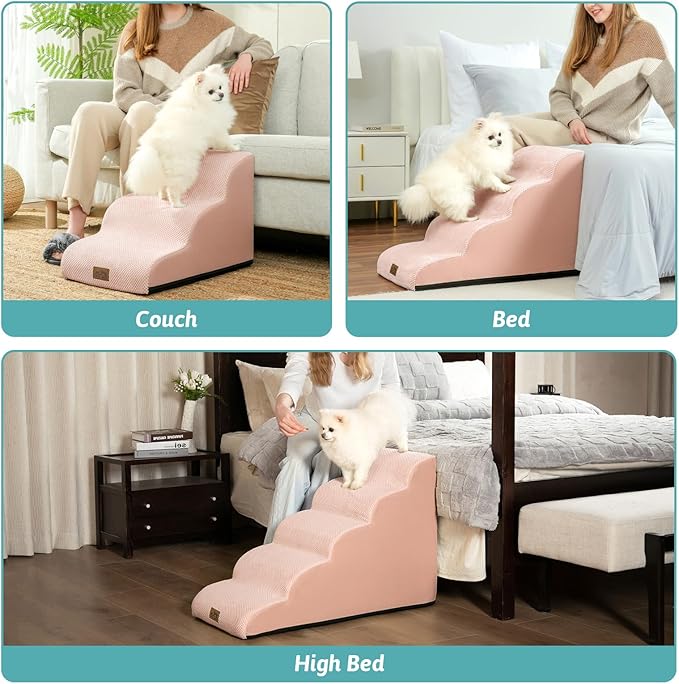 Dog Stairs for High Bed 22.6" H, Small Dog Step for Puppy, Older or Cat, Curved Ramp for Car, Ladder with High Density Foam, Lightweight, Durable, 15.7x33x22.6 inch, 5 Step, Pink-PurrikoPets