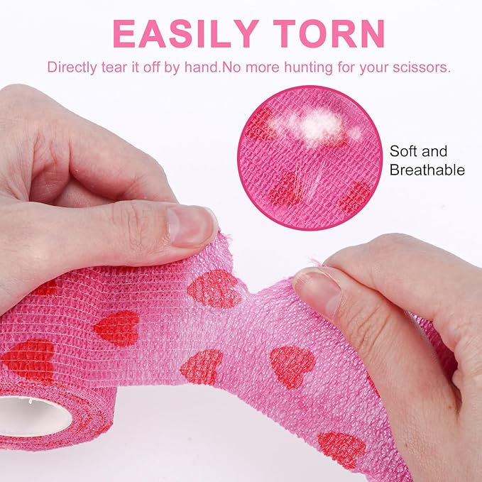 24 Pack Self Adhesive Vet Wrap & Medical Tape, 2 Inch x 5 Yards Cohesive Bandage Wrap - Pink Heart Grip Tape for Ankle, Wrist Sprains, Sports, Pet First Aid-PurrikoPets