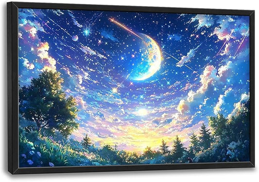 Framed Large Anime Sky Wall Art for Living Room, Oversized Fantasy Night Sky Forest Wall Decor Nature Canvas Painting Modern Artwork Home Decoration for Living Room Bedroom Office 36"x24"-PurrikoPets
