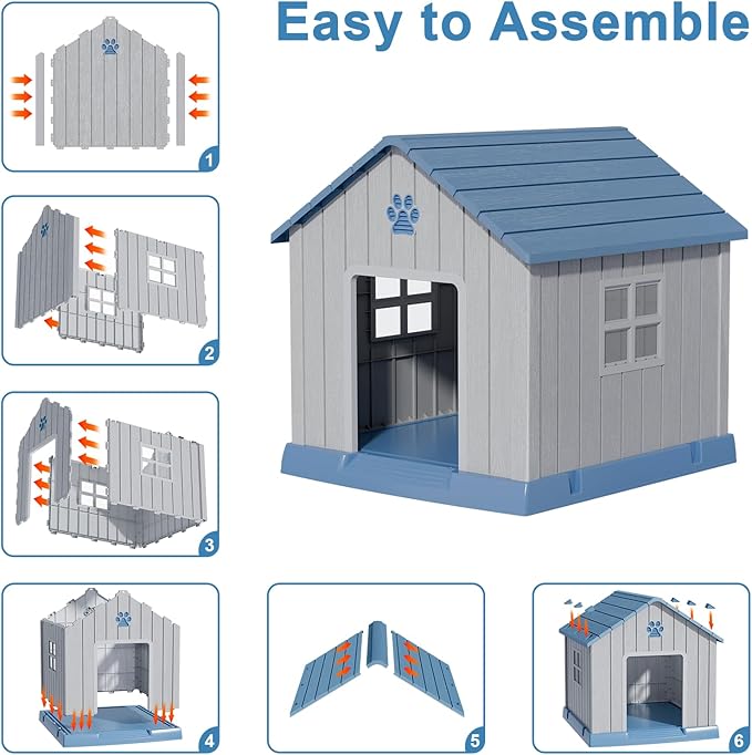 Dog House Indoor Outdoor for Small to Large Sized Dogs Resin Outdoor Dog House with Ventilation Puppy Shelter with Elevated Floor, Easy to Assemble, Blue-PurrikoPets