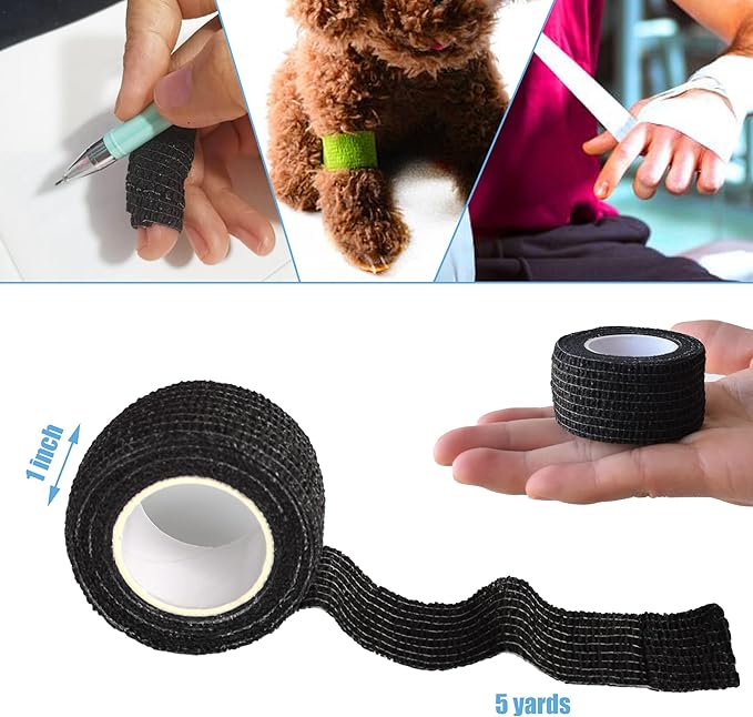 9 Pack 1" x 5 Yards Self Adhesive Bandage Wrap Self Stick Wrap for Ankle, Wrist, Finger, Sports, Breathable Cohesive Vet Tape for Pets (Black)-PurrikoPets