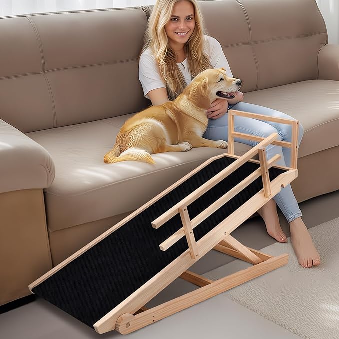 Dog Ramp, 5 Level Adjustable Height Folding Pet Ramp for High Bed, Portable Paw Ramps Large Bed Ramp for Medium & Large Old Dogs & Cats - Natural Wood Furniture Quality-PurrikoPets
