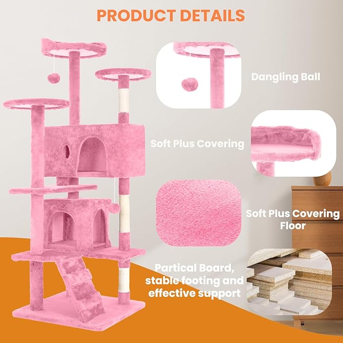 54.7 inches Cat Tower for Indoor Cats, Multi-Level Cat Condos with Scratching Posts, Hanging Toys, Pink-PurrikoPets