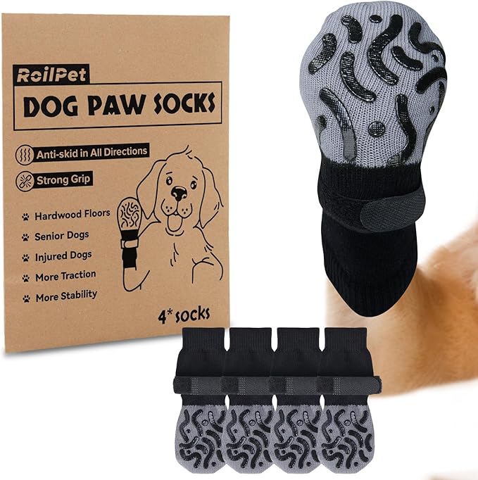 Double Sides Non-Slip Dog Socks to Prevent Licking Paws - Strong Traction for Hardwood Floors, Senior Dogs, Paw Protector, Dog Socks with Grippers Black-PurrikoPets