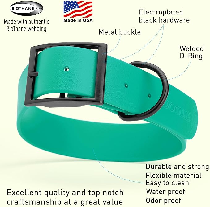 Dogline Biothane Waterproof Dog Collar Strong Coated Nylon Webbing with Black Hardware Odor- Proof for Easy Care Easy to Clean High Performance Fits Small Medium or Large Dogs, Teal-PurrikoPets