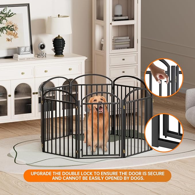 8 Panles Full Matel Freestanding Dog Gates with Door, 192"Extra Wide 32"Tall Free Standing Dog Pet Gate for Indoor & Outdoor. Foldable Pet Fences for Doorways, House, Stairs, Porch, Deck, Yard-PurrikoPets