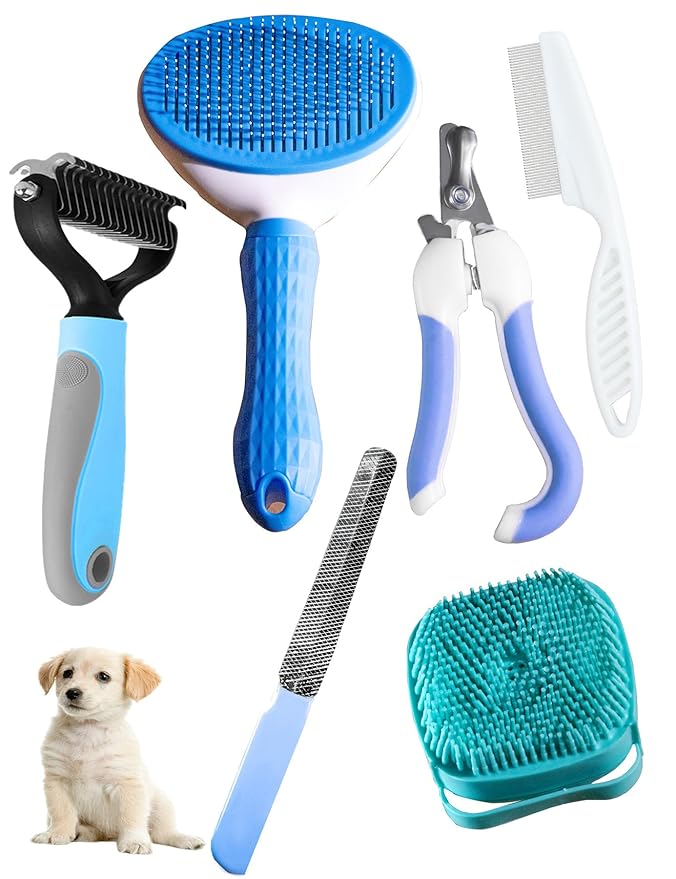 6ps Dog Cat Brush Grooming Kitf, Dog Cat Brushes, Bath Brush, Dematting Rake and Comb, Nail Clipper, Nail File, Flea Comb (Blue 6 Kits)-PurrikoPets