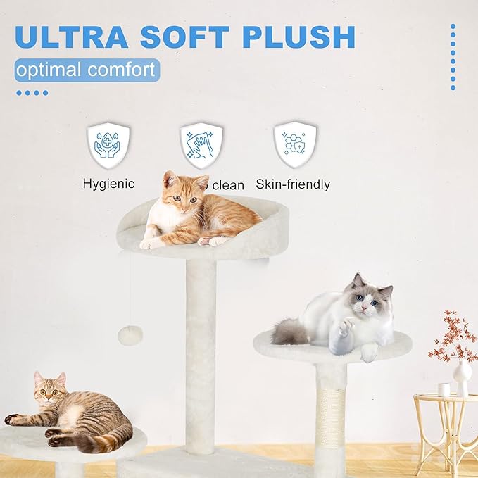 FDW Cat Tree Tower 62in Multi-Level Durable Cat Scratching Post & Cozy Fun Jumping Platform Space Saving Condo Pet Play House for Indoor Cats, Beige-PurrikoPets