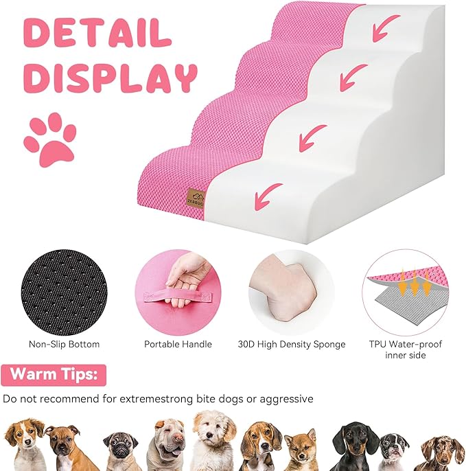 Dog Ramp and Stair for Bed 16" H-20 H,3-Step Cat Stair for Sofa and Chair,4-Step Dog Ramp for High Bed and Window,Durable Nonslip Fabric Cover for Indoor (Pink-20 H, Pet Friendly, 4)-PurrikoPets
