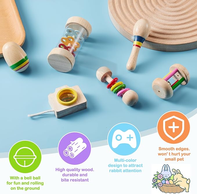 6 Pcs Wooden Bunny Toys - Safe Rabbit & Guinea Pigs Teeth Grinding Toys for Chinchillas, Hamsters & Small Animals - Indoor & Outdoor-PurrikoPets