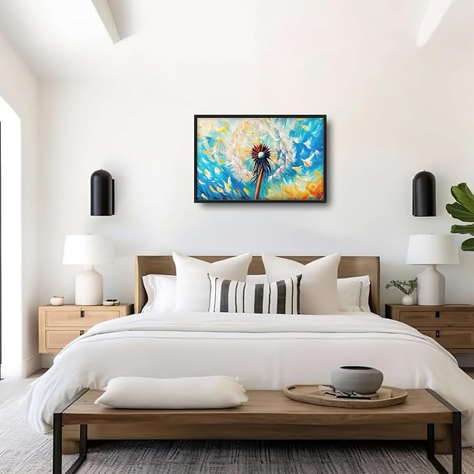 Extra Large Abstract Dandelion Framed Wall Art for Living Room,Oversized Colorful Dandelion Flower Pictures Wall Decor,Blue Canvas Print Painting Modern Artwork Bedroom Office Bathroom 36L" x 24W"-PurrikoPets