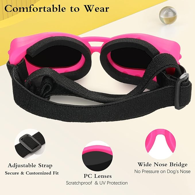Dog Sunglasses Small Breed, Small Dog Goggles with Adjustable Straps, UV/Wind/Dust/Fog Proof Dog Eye Protection Sunglasses for Outdoor Car Driving Riding, Pink-PurrikoPets