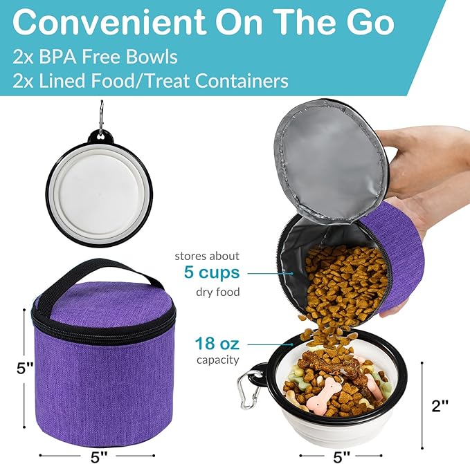 Dog Travel Bag with Treat Pouch, Airline Approved Dog Bags for Traveling, 2 Dog Food Travel Container, 2 Travel Bowls, Weekend Dog Travel Bag for Supplies, Dog Travel Kit Accessories-PurrikoPets