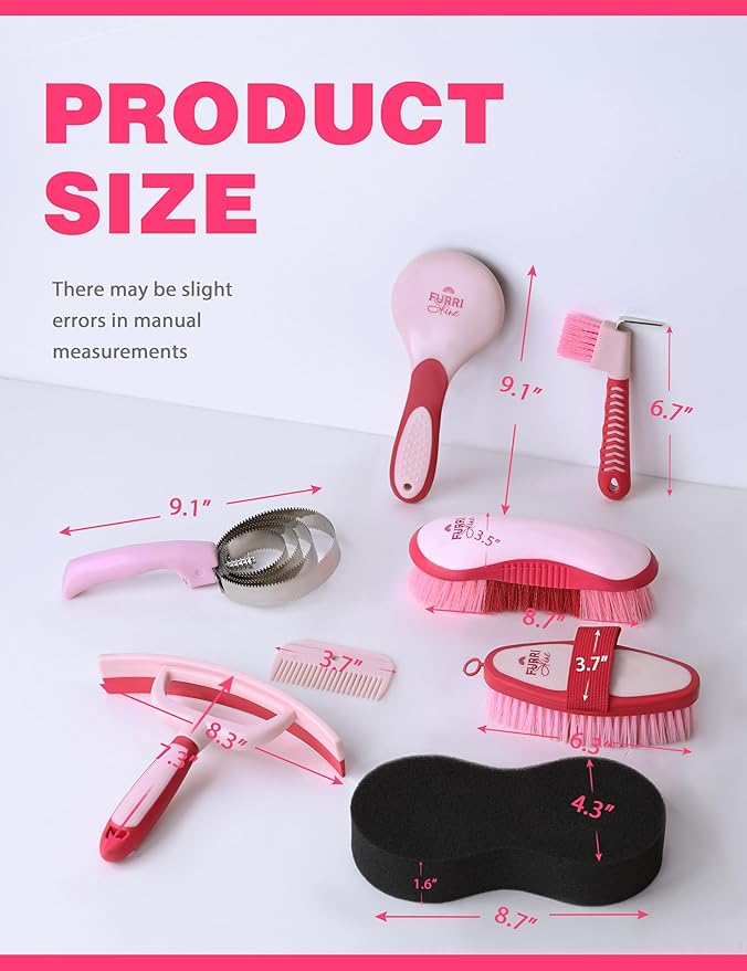 9PCS Horse Grooming Kit Curry Comb Sweat Scraper Horse Bathing Supplies Grooming Tools with Storage Bag Pink Garnet-PurrikoPets