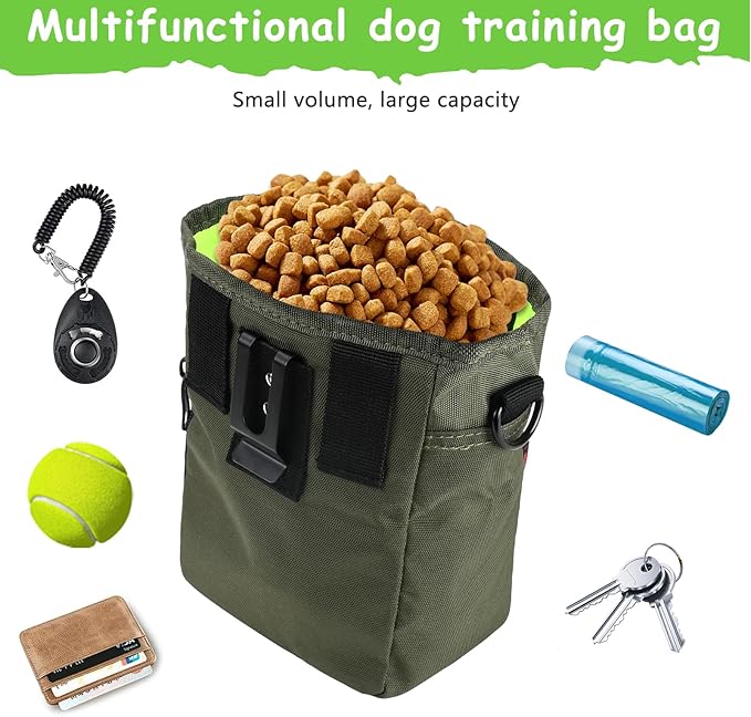 Dog Treat Pouches for Pet Training with Magnetic Closure Treat Pouches for Pet Training,Large Dog Treat Training Pouch and Dog Clicker,Training Treat Pouch Built-in Poop Bag Dispenser-Green-PurrikoPets