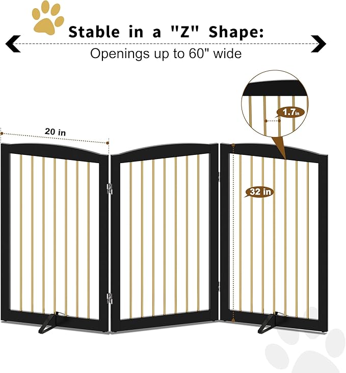 Freestanding Pet Gate for Dogs, Foldable Wooden Dog Gate for House Indoor, Step Over Pet Puppy Safety Fence for Stair, Doorway,Hall, Support Feet Included,3 Panels 32",Black&Gold-PurrikoPets