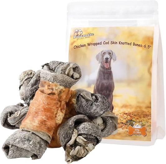 Dog Treats Chicken Wrapped Cod Skin Knotted Bones-6.5", All-Natural Healthy Fish Skin Dog Chew Treats, Rich in Omega-3 Protein, 4 Counts, 10.6 OZ-PurrikoPets