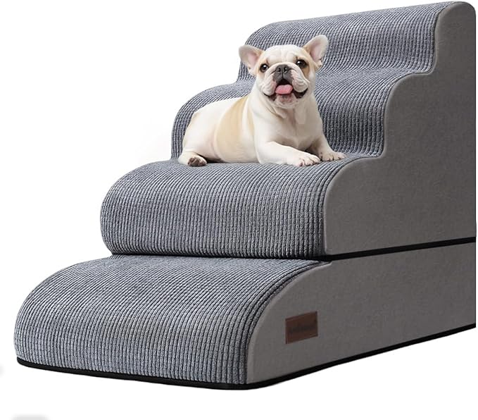 4-Step Dog Stairs and Ramp for Beds or Couches – Non-Slip Sturdy Pet Steps for Small Dogs and Cats,21" H,Grey-PurrikoPets