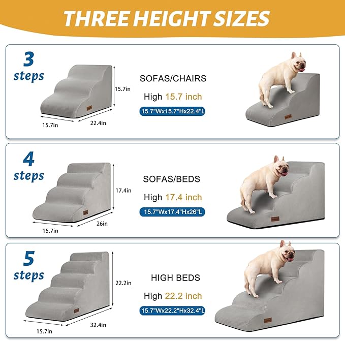 4-Step Dog Stairs and Ramp for Beds or Couches,Non-Slip Sturdy Pet Steps for Small Dogs and Cats,17.4" H,Light Grey-PurrikoPets