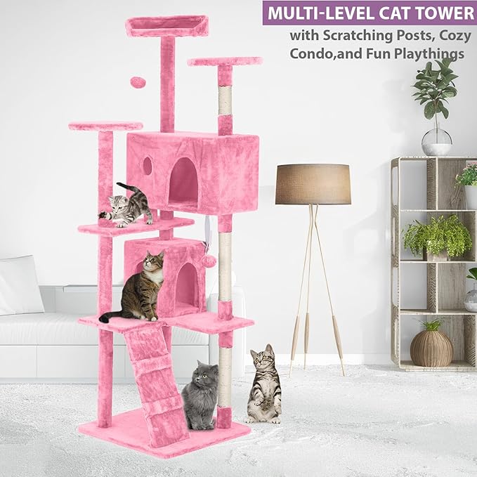 70 inches Cat Tower for Indoor Cats Multi-Level Cat Condos for XL Cat Tree Cat Climbing Tower with Scratching Posts, Hanging Toys,Pink-PurrikoPets