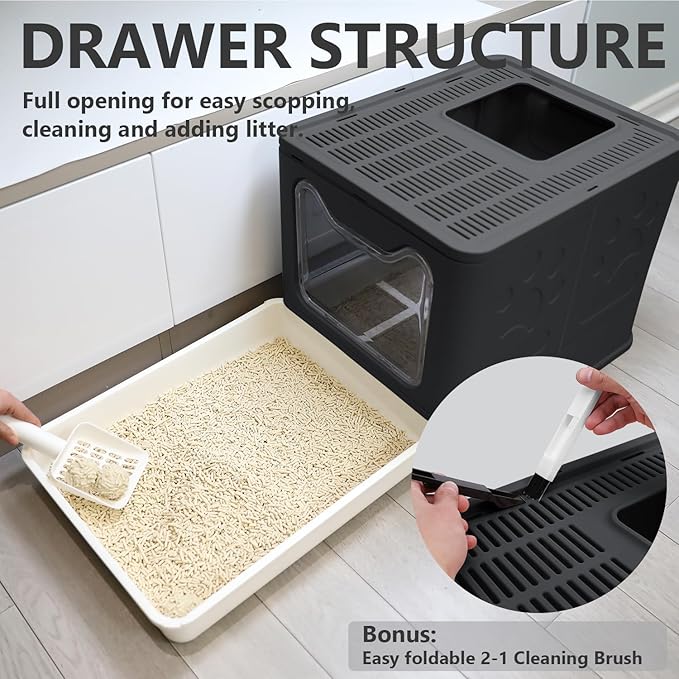 Foldable Cat Litter Box with Lid, Enclosed Potty, Large Top Entry Anti-Splashing Toilet, Easy to Clean Including Litter Scoop and 2-in-1 Cleaning Brush (Black)-PurrikoPets