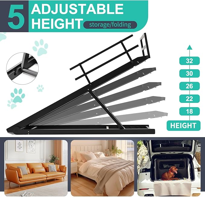 Dog Ramp, 5 Level Adjustable Height Folding Pet Ramp for High Bed, Portable Paw Ramps Large Bed Ramp for Medium & Large Old Dogs & Cats - Natural Wood Furniture Quality-PurrikoPets