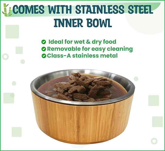 Elevated Dog Bowls for Large Breed - (15-Inch Tall, 74-oz Cap), Deter Ants and Bugs - Raised Single Feeder, Suitable for Dry and Wet Pet Foods - Bamboo with Stainless Steel Dish-PurrikoPets