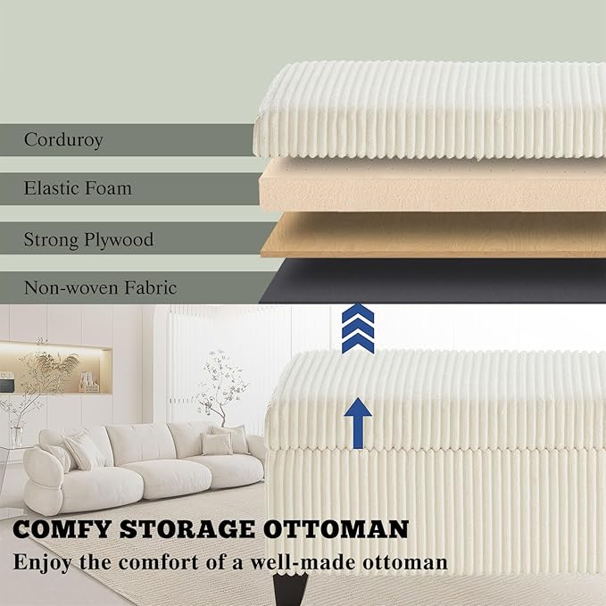 48" Ottoman with Storage, Corduroy Storage Ottoman Bench for Bedroom, End of Bed Bench with Safety Hinge for Living Room, Bedroom, Entryway, White-PurrikoPets