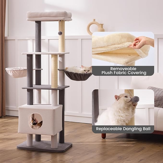 Gardner Pet 65in Heavy Duty Cat Tree Tower for Large Cats, Multi-Level Cat Furniture with Replaceable Sisal Scratching Post, Hammock | Extra-Large Platform & Condo Easy to Clean (Corduroy)-PurrikoPets
